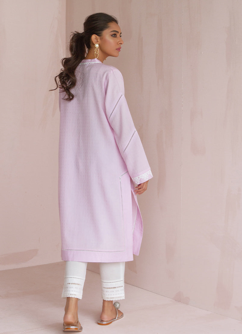 Blush-Lilac Dobby Lace Kurta - Solid