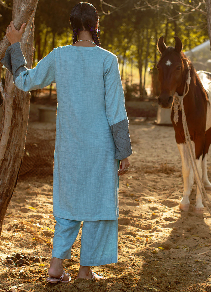 Powder Blue Textured Co-Ord Set - 2 Piece - Stitched