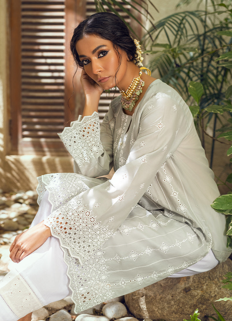 Ash Green Schiffli Embroidered  Kurta - Embroidered