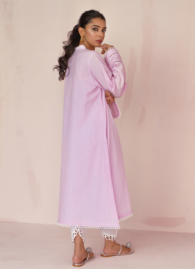 Blush-Lilac Dobby Lace Kurta - Solid