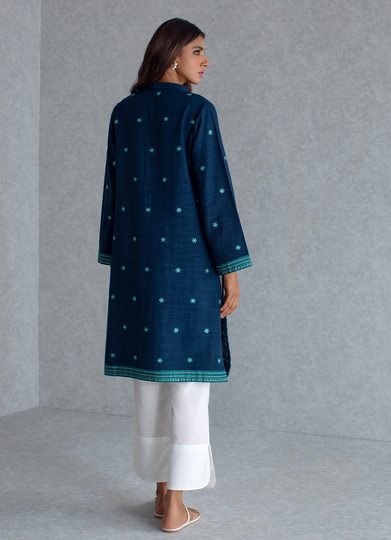 Navy Blue Khaddar Embroidered Kurta