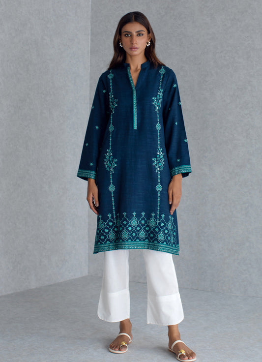 Navy Blue Khaddar Embroidered Kurta