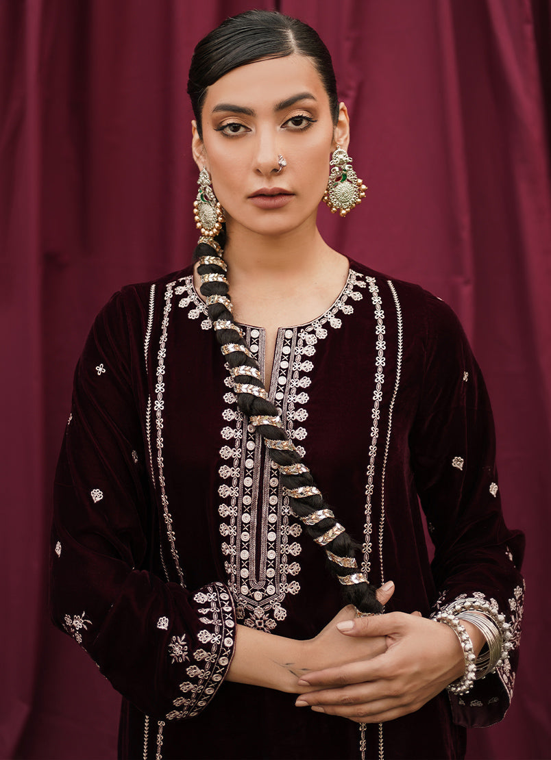 Maroon Velvet Embroidered  CO-ORD Set