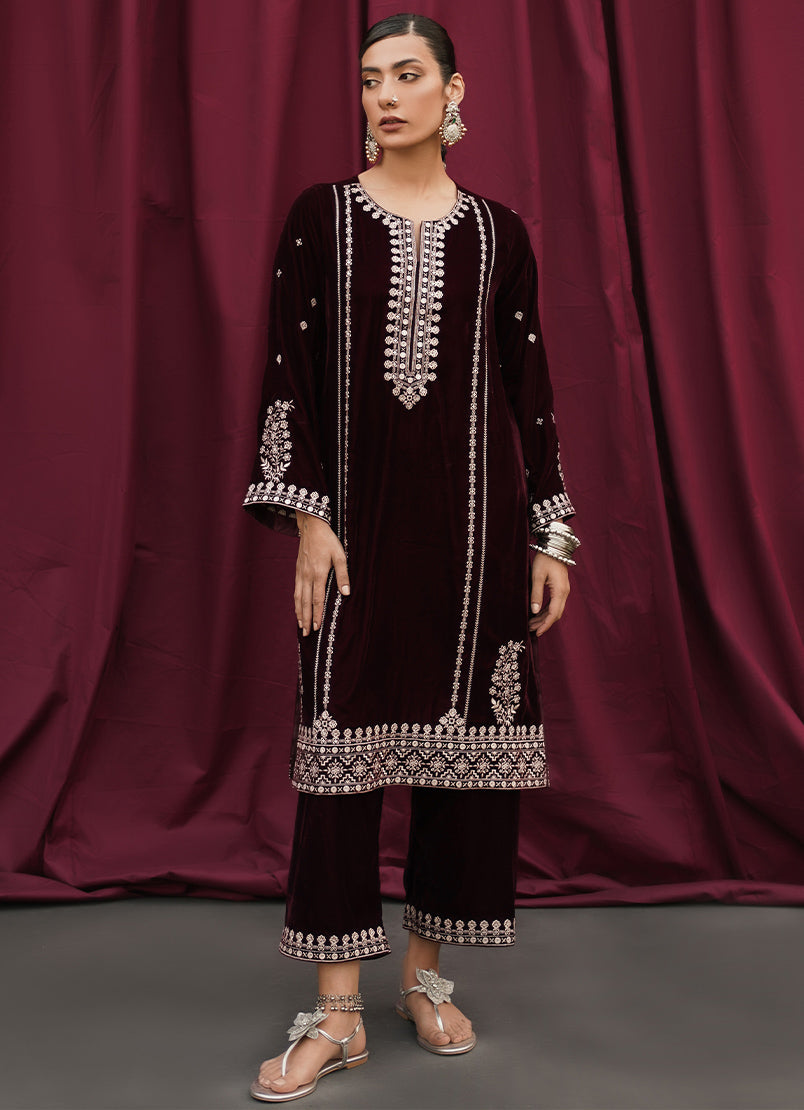 Maroon Velvet Embroidered  CO-ORD Set