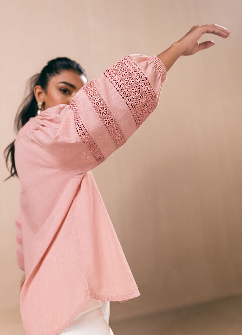 Peach Lace Button Down Top