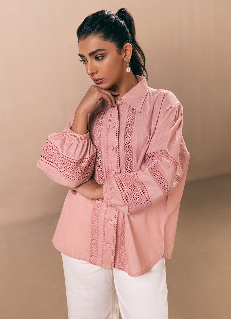 Peach Lace Button Down Top