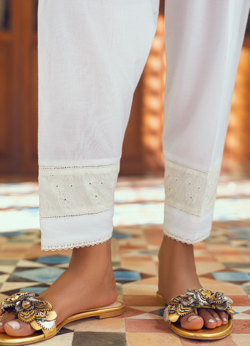 Classic White Embroidered Shalwar - Shalwar